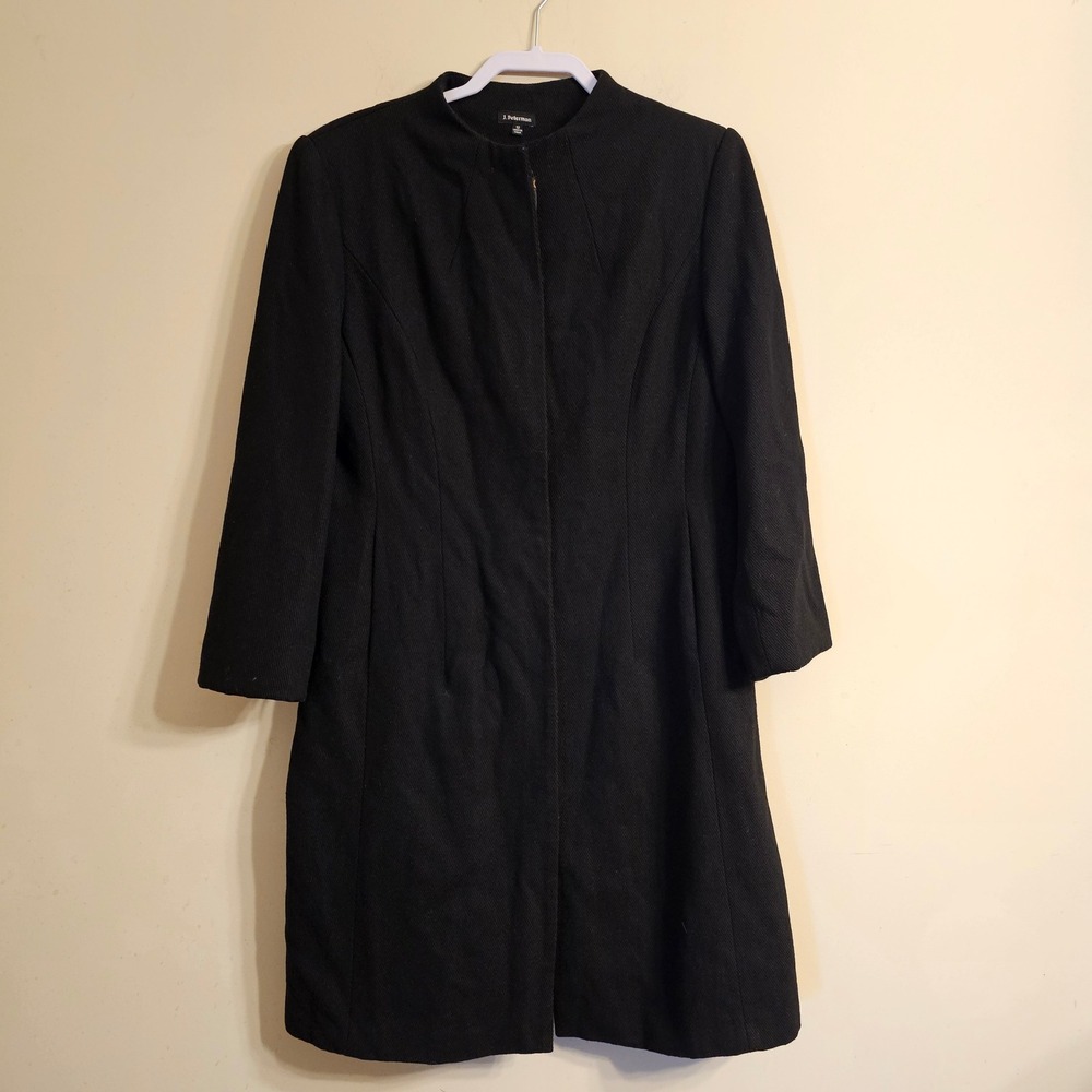 J. Peterman Wool Blend Coat Women 12 Black Leopard Lining Stand Collar Twill